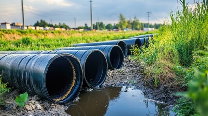 Plastic drainage pipes installed along a waterlogged area with greenery and a cloudy sky in the background showcasing modern infrastructure solutions