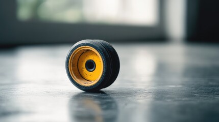 Vintage toy wheel on gray table surface featuring intricate details and a worn finish, showcasing nostalgia and playful childhood memories.