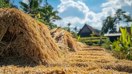 Paddy rice drying in the sun during harvest season with lush green fields and clear blue skies in the background