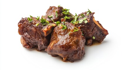 Savory oxtail pieces garnished with fresh herbs on a clean white background ideal for culinary or food advertising use