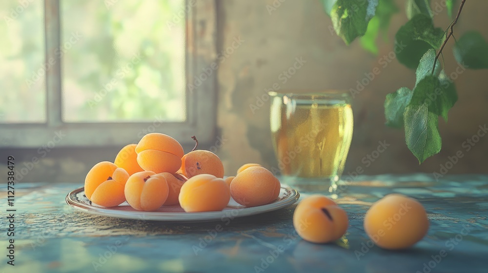 Poster fresh apricots on a rustic table next to a glass of juice with natural lighting and greenery in a co