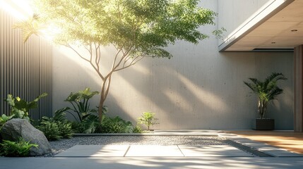 Zen garden oasis in modern home interior showcasing sunlight, concrete walls, and lush greenery for a serene, luxurious ambiance.
