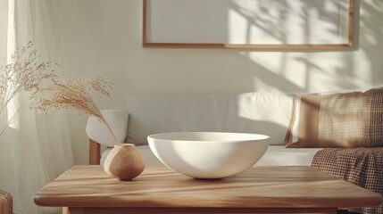 Minimalist living room interior featuring mock up poster frame wooden coffee table and decorative accessories in soft natural light