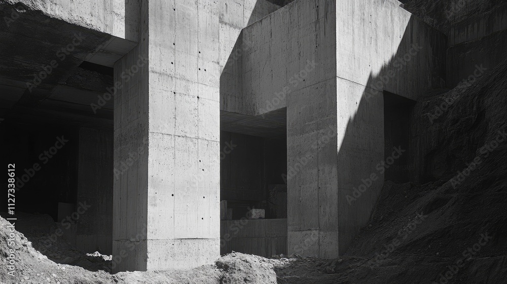 Poster monolithic concrete structure under construction showcasing raw material textures and architectural 