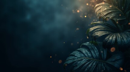 Fototapeta premium Mysterious Night in the Tropical Jungle: Enchanting Dark Green Foliage with Golden Dust