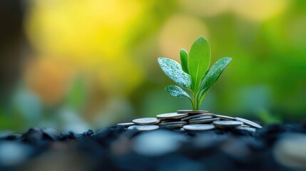 Investment growth concept illustrating financial management with a seedling emerging from a pile of coins symbolizing ROI and value maximization.
