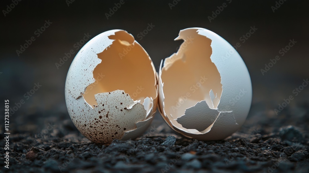 Aufkleber broken eggshells on a dark surface with a dramatic focus highlighting the texture and details of the