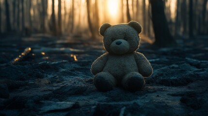 Solitary teddy bear in charred forest evoking environmental awareness and loss