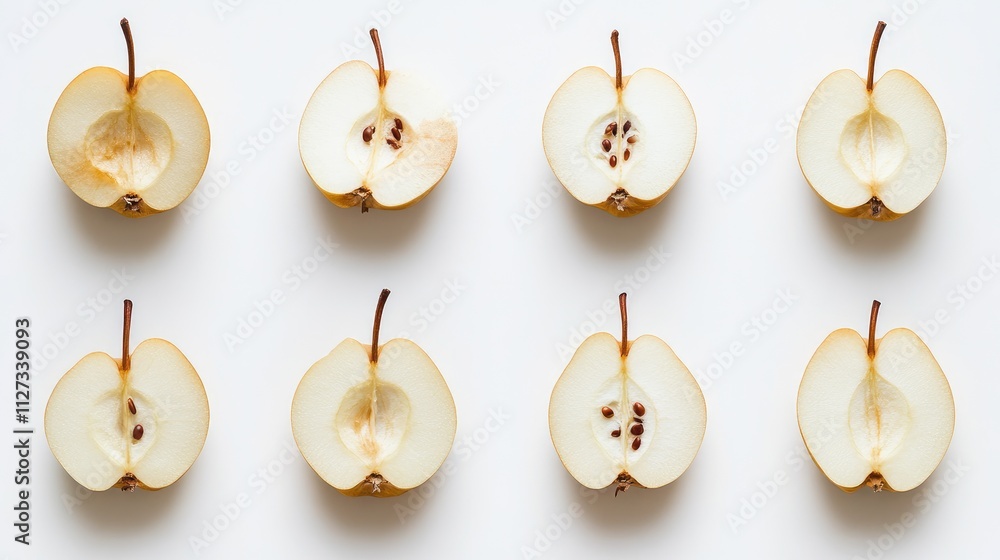 Poster sliced pear halves arranged in a grid on a white background showcasing their interior and seeds for 