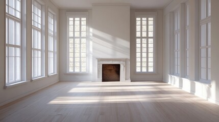 Obraz premium Spacious unfurnished living room with abundant natural light showcasing modern fireplace and large windows in contemporary apartment interior