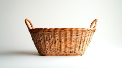 Wicker basket on white background ideal for home decor or storage concepts showcasing simplicity and natural materials