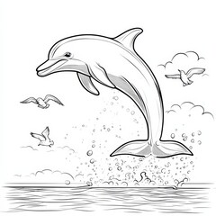 Fototapeta premium Dolphin's Playful Leap: A graceful dolphin leaps out of the water, accompanied by soaring birds, in a playful scene that captures the joy of the ocean.