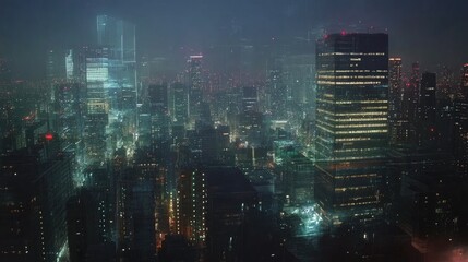 Nighttime cityscape with futuristic research development hologram overlay showcasing data innovation in a vibrant urban environment