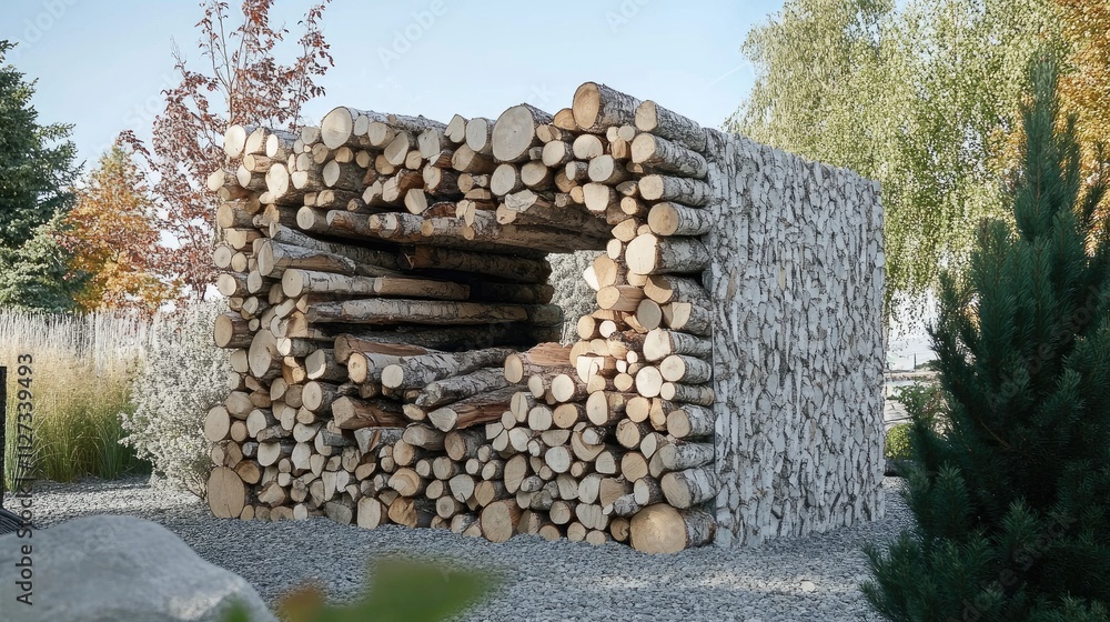 Poster modern rustic firewood storage featuring neatly stacked birch logs in a serene garden setting with g