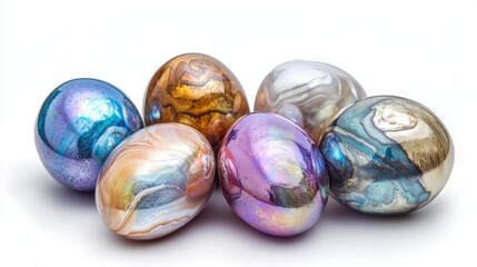 Fototapeta premium Colorful handmade Easter eggs with a shiny pearl finish arranged on a white background for festive holiday decoration concepts.