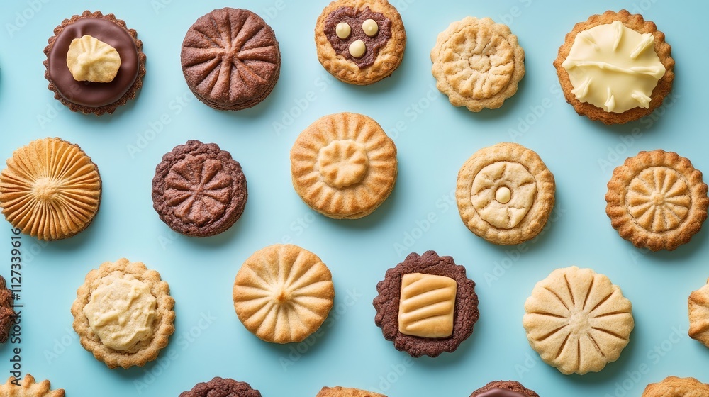 Poster assorted biscuits arranged on a blue background showcasing various textures and flavors for culinary