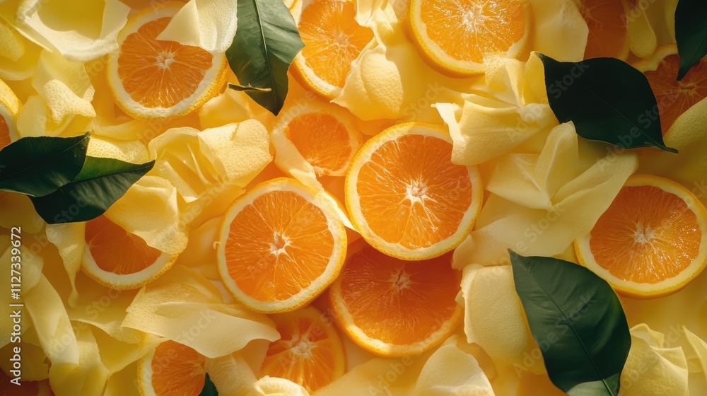 Poster citrus fruit slices of orange and lemon arranged on a vibrant backdrop with leaves creating a fresh 