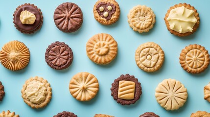 Assorted biscuits arranged on a blue background showcasing various textures and flavors for culinary themes and dessert concepts.