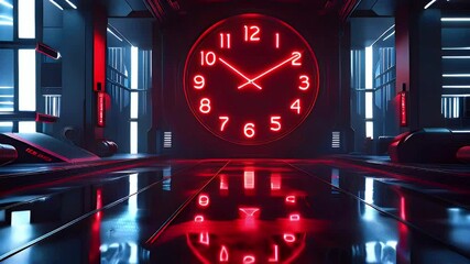 A futuristic setting featuring a large red clock against a sleek, reflective surface.