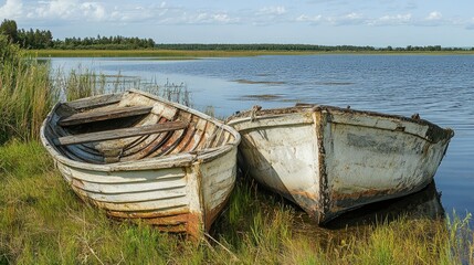 Obraz premium Weathered fishing boats resting on the shore of a tranquil lake surrounded by lush greenery and blue sky on a sunny day