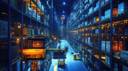 Obraz premium Modern warehouse interior with high shelves, automated machinery, and various goods.