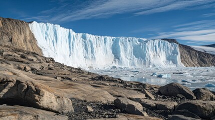 Glacial Landscape with Icebergs and Rocky Shore under Blue Sky