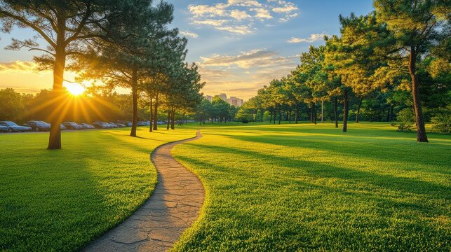 Beautiful view of urban park in Texas, America. Green grass lawn, huge pine trees and walking/running trail illuminated by sunshine alley during sunset. Parking lot in distance, composition of nature