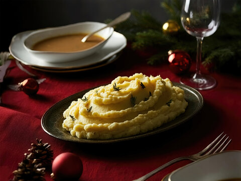 Mashed potatoes served on a plate on a tablecloth with Christmas decorations.