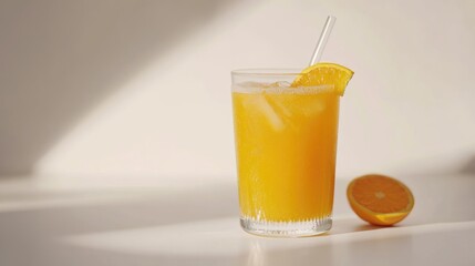 Freshly squeezed orange juice in a glass with ice and a straw on a bright background showcasing vibrant citrus colors and refreshing appeal