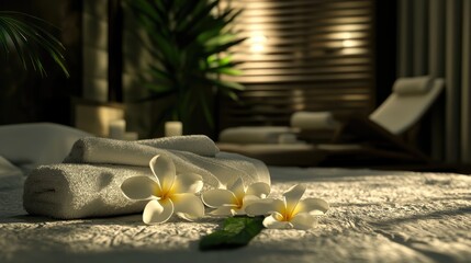 Luxury hotel room ambiance featuring Plumeria flowers and soft towels creating a serene atmosphere for travel relaxation and leisure.