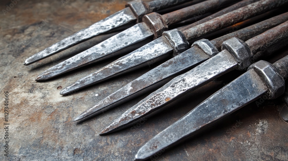 Poster close-up of large rusty metal nails arranged in a row showcasing texture and craftsmanship on a weat