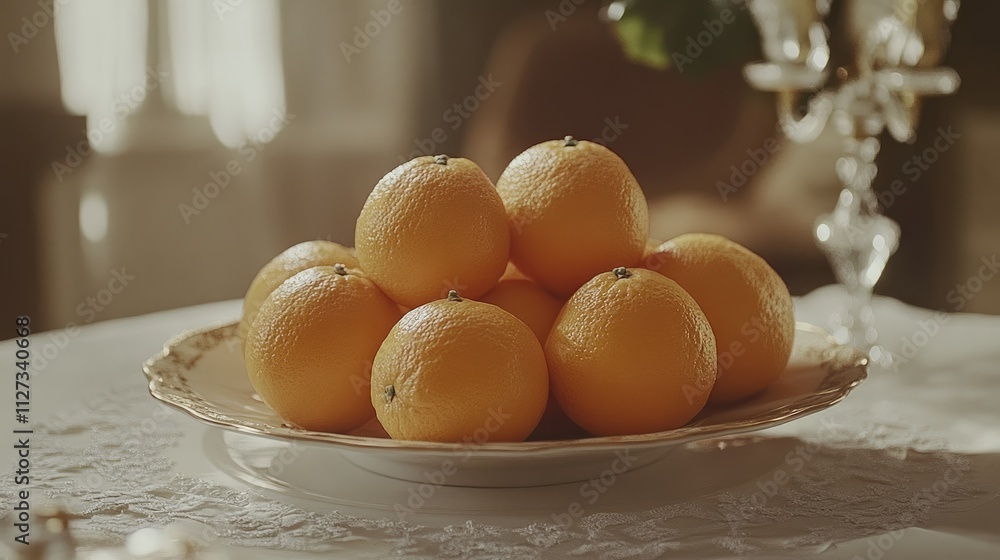 Poster fresh oranges arranged neatly on an elegant plate in a beautifully lit dining setting capturing a vi