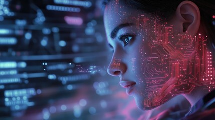Close-up of woman's profile with circuit board overlay representing digital data processing and global computing connections in technology concept