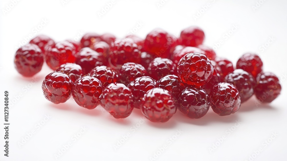 Poster fresh glossy red raspberry berries arranged on a clean white background showcasing their vibrant col