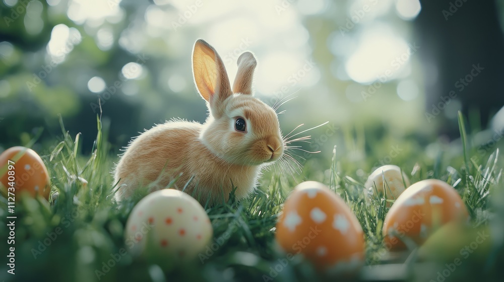 Poster joyful easter scene with colorful eggs and a cute bunny in bright green grass featuring a blurred ba