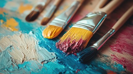 Obraz premium Paint brushes with vibrant colors on a wooden table showcasing home renovation and creative decoration ideas for interior design projects