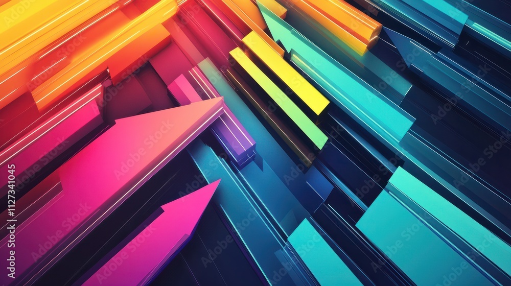 Poster bright arrows in various colors converge and diverge within a dynamic, abstract design, symbolizing 