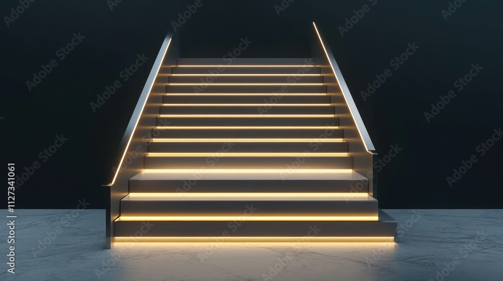 Poster modern illuminated staircase with sleek design and glowing steps against a dark background creating 