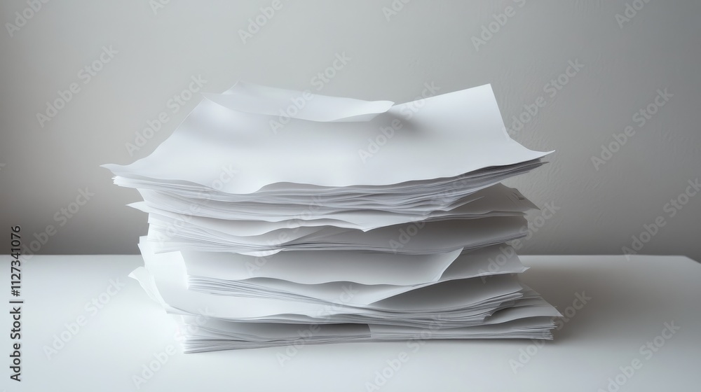 Poster stack of unorganized blank paper sheets on a minimalistic table against a neutral background for cre