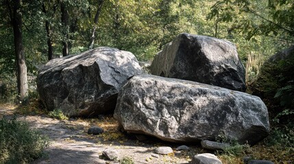 Granite boulders of glacial origin surrounded by lush greenery in a tranquil natural setting