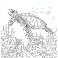 Fototapeta premium Sea Turtle Amidst Coral Reef: An intricately detailed line drawing of a sea turtle gracefully gliding through a vibrant coral reef, surrounded by a school of fish.