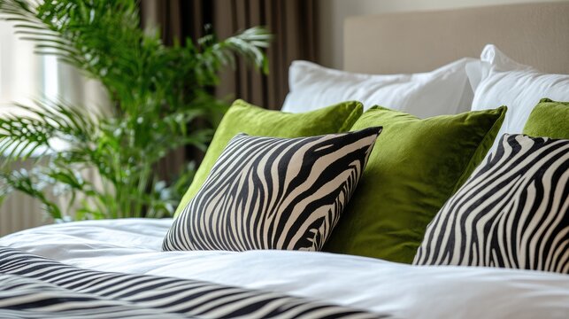 Luxurious zebra print bed with soft green pillows and decorative houseplant creating a stylish and elegant bedroom atmosphere