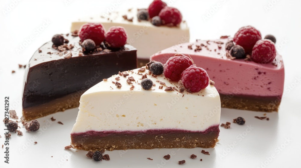 Poster deliciously layered cheesecakes with raspberry topping and chocolate shavings on a white background