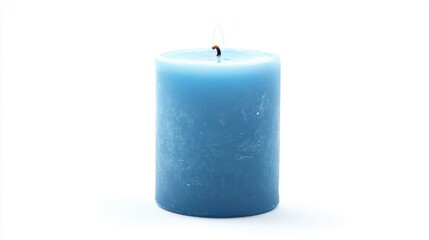 Light blue decorative wax candle with a soft glow isolated on a clean white background showcasing elegance and tranquility in home decor.