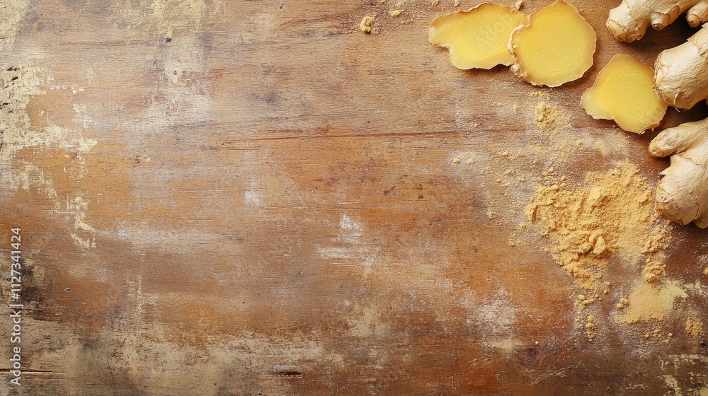Aufkleber ginger root slices and powder arranged on a rustic wooden table with ample space for text and design