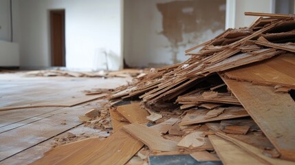 Wood debris from hardwood flooring removal in an apartment renovation showcasing the construction process and interior remodeling updates