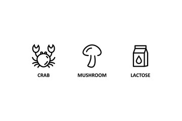 Food allergen icons. Allergen free products. Products warning symbols. Crab icon, mushroom, lactose sign