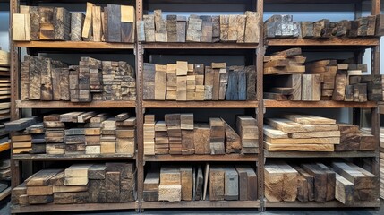 Diverse collection of wooden planks organized on shelves in a tidy warehouse setting showcasing various textures and colors of wood