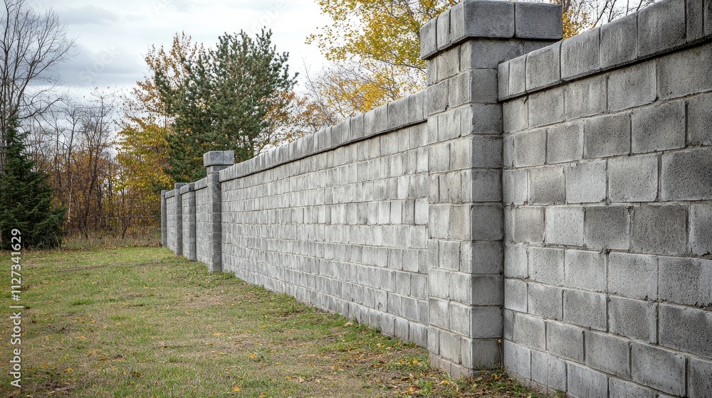 Poster interlocking grey precast concrete block wall with textured finish and square caps in a serene outdo