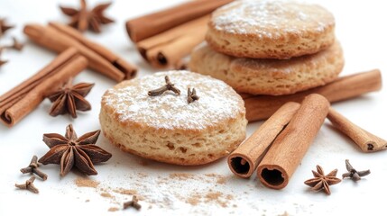 Fototapeta premium Homemade biscuits with star anise and cinnamon sticks arranged on a white background for a cozy and inviting food setting